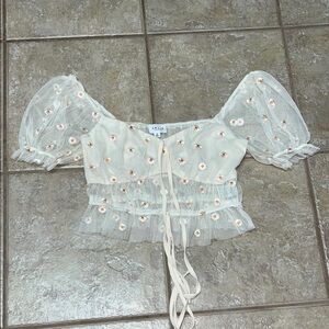 Le Lis cream mesh crop top with daisy embroidery
